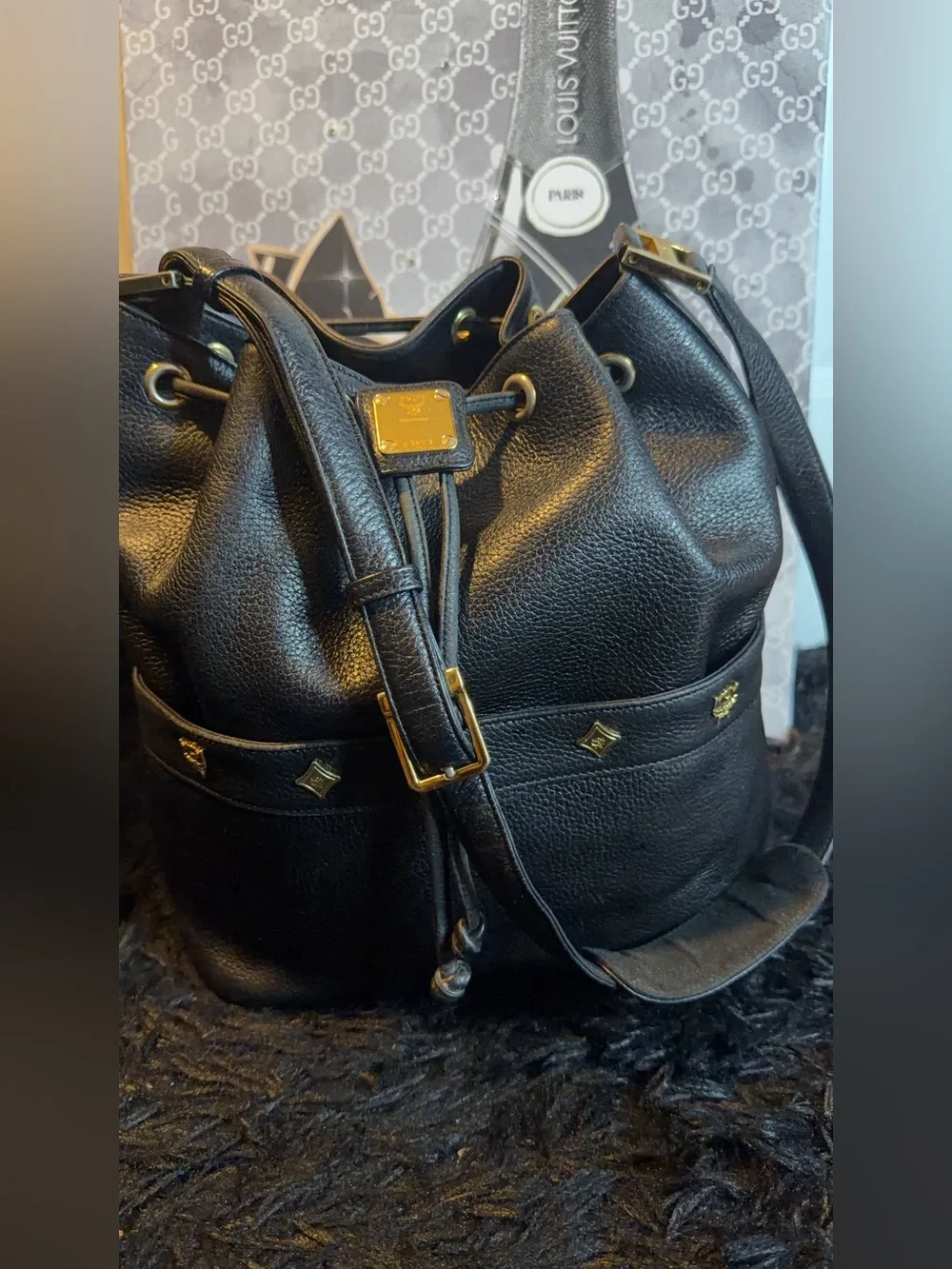 MCM Drawstring Bucket Bag with Gold Accents